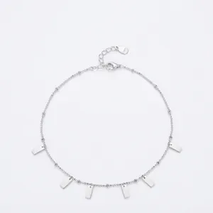 S925 Sterling Silver Minimalist Bracelet For Women Geometric Rectangular Charms Ball Chain Western Style Adjustable Jewelry