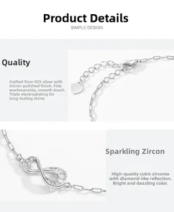 Vista macro del bracciale infinito in argento sterling S925 con zirconi e finitura lucida