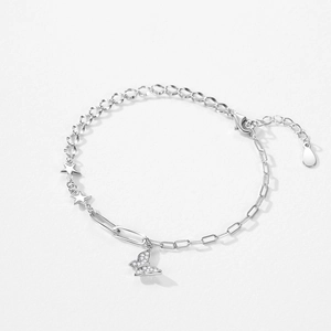 Elegant S925 sterling silver butterfly and star charm bracelet with mixed chain design