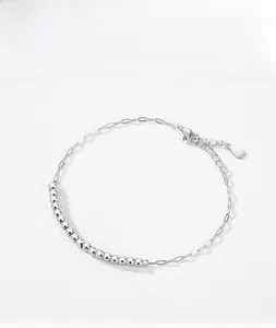 Detail view of S925 sterling silver beaded bracelet with lobster clasp and extension chain