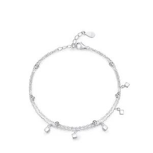 925 Sterling Silver Double Layer Cube Bead Chain Bracelet For Women Adjustable Minimalist Geometric Rhinestone Fashion Jewelry Hand Accessories