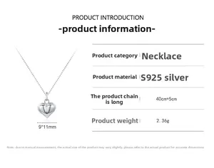 Spécifications du produit pour collier cœur en argent S925 avec dimensions et poids
