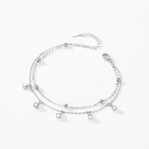 Minimalist S925 sterling silver double-layer bracelet with cube charms and polished beads