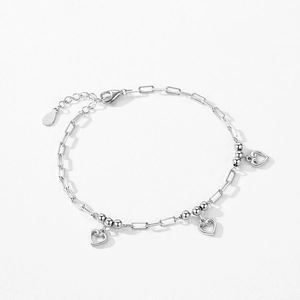 S925 sterling silver heart charm bracelet with adjustable chain and lobster clasp