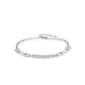 Bracelet en Argent Sterling S925 Avec Zirconia pour Femme Chaîne à Maillons Géométriques Bijoux à Main Réglables Cadeau
