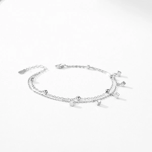 Double-layered 925 sterling silver chain bracelet with geometric squares and polished beads