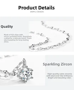 Macro detail of S925 sterling silver necklace with six-prong set cubic zirconia pendant