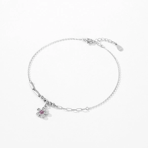 S925 sterling silver cherry blossom bracelet with pink zircon flowers on a white background