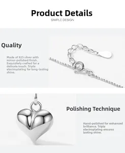 Détails du pendentif coeur en argent sterling S925 avec chaîne à billes et poinçon S925