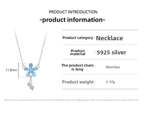 Détails du collier en argent 925 avec pendentif fleur bleue et dimensions précises