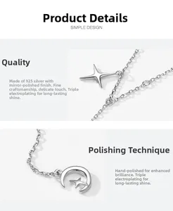 Detailed macro view of S925 sterling silver star and moon charms with mirror-polished finish