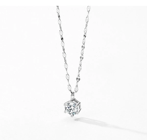 Close-up of sparkling six-prong round solitaire pendant on silver petal chain