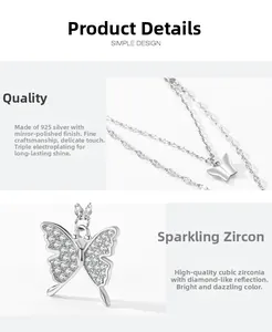 Detail of S925 sterling silver butterfly necklace with cubic zirconia and mirror polish