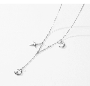 Close-up of S925 silver Y-shaped necklace with elegant moon and star charms