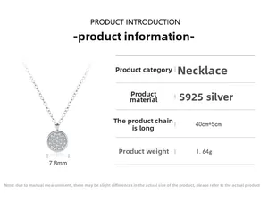 Detail of S925 sterling silver necklace showing 7.8mm pave pendant and size specifications