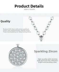 Detailed macro view of S925 sterling silver necklace with a round pavé zircon pendant