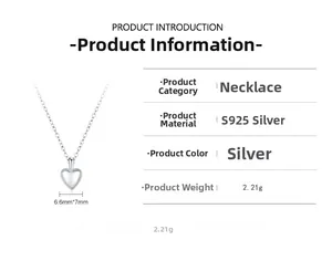 Detailed view of S925 sterling silver heart pendant necklace with dimensions and specifications