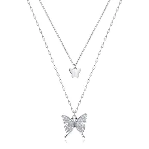 925 Sterling Silver Double Layer Butterfly Necklace For Women Elegant Micro Paved Zirconia Clavicle Chain Jewelry Gift