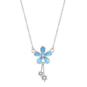 Collier Pendentif Fleur Bleue en Argent Sterling 925 pour Femme Exquis Incrusté de Zirconia Chaîne en O Réglable Bijoux Mode