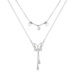 Collier Double Couche en Argent Sterling S925 Avec Pendentif Papillon et Gland Zirconia Nacre Ras du Cou Bijoux Cadeau