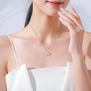 Elegant S925 sterling silver double layer butterfly necklace for women with zircon