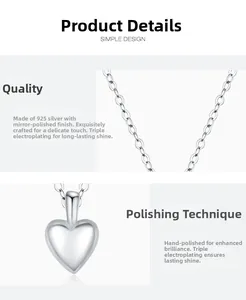 Detail of S925 sterling silver heart pendant with mirror-polished and electroplated surface