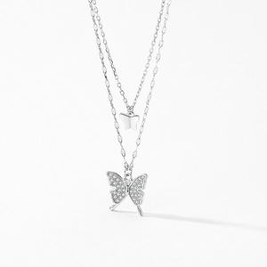 Elegant S925 sterling silver double-layer butterfly necklace with sparkling zircon pavé