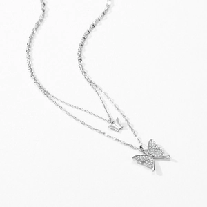 Elegant S925 sterling silver double-layer butterfly necklace with sparkling zircon crystals
