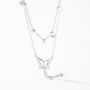 Collier double couche en argent sterling S925 avec pendentif papillon et pompons