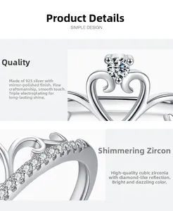 Detail of S925 sterling silver crown ring with cubic zirconia and mirror polish finish
