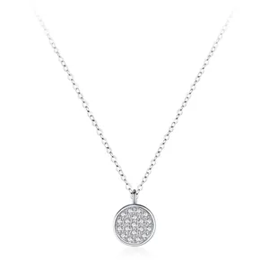 925 Sterling Silver Round Pave Cubic Zirconia Pendant Necklace For Women Elegant Commuter Daily Jewelry Silver Clavicle Chain