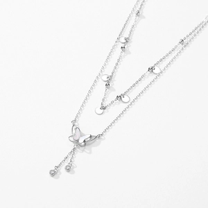 Collier double couche en argent sterling S925 avec pendentif papillon et glands chic