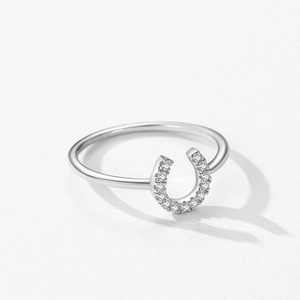 Minimalist S925 sterling silver U-shaped horseshoe ring with sparkling zircon inlays