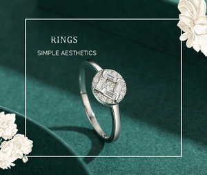Close-up of S925 silver ring with baguette and round micro-pave crystals on green velvet
