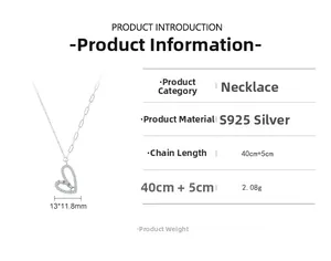 Détails techniques du collier cœur en argent S925 avec chaîne asymétrique et dimensions