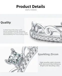 Detail view of S925 sterling silver crown ring showing mirror polishing and cubic zirconia