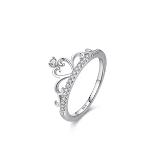 925 Sterling Silver Crown Ring For Women Micro Pave Cubic Zirconia Princess Heart Design Luxury Adjustable Index Finger Ring Jewelry