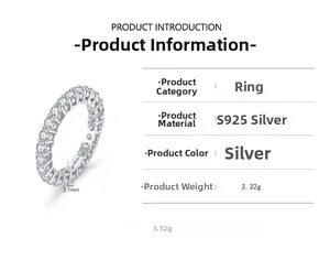 Detailed specifications of S925 sterling silver full diamond ring showing 3.1mm width and 3.32g weight
