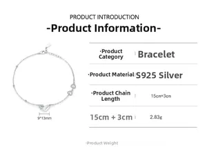Detailed product dimensions for S925 sterling silver heart bracelet with LOVE pendant