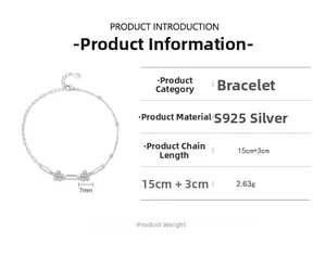 Detailed view of S925 silver flower bracelet with 15+3cm length and 2.63g weight specs