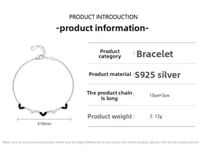 Bracelet en argent S925 avec cœurs en émail noir, longueur 15cm et extension de 3cm