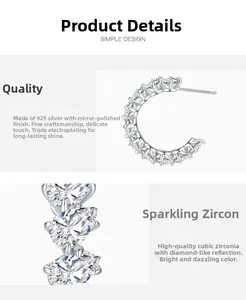 Detail of S925 sterling silver U-shaped earring with sparkling teardrop cubic zirconia