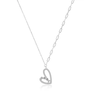 Collier Pendentif Coeur en Argent Sterling 925 pour Femmes Double Chaîne Asymétrique Pavé de Zirconia Bijoux Élégants