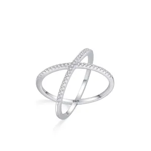 925 Sterling Silver X-Shape Cross Over Zirconia Ring For Women Minimalist Dainty Micro Pave CZ Geometric Finger Ring Jewelry