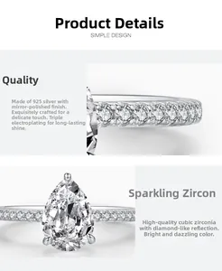 Détails de la bague en argent S925 avec zircone en forme de poire et pavage latéral