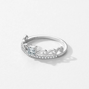 S925 sterling silver crown ring with square central diamond and side pave setting stones