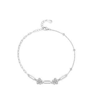 925 Sterling Silver Flower Bracelet For Women Elegant Zirconia Micro Pave Chain White Gold Plated Adjustable Jewelry