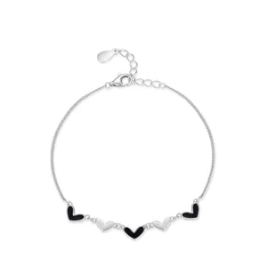Bracelet Cœur en Argent Sterling S925 Émail Noir pour Femme Bracelet Chaîne à Maillons Cœur Minimaliste Réglable Bijoux Cadeau