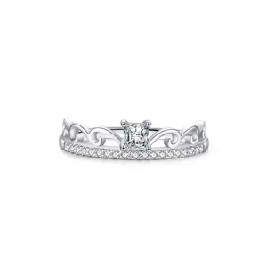 S925 silver crown ring with large square zircon stone and accent diamonds for women