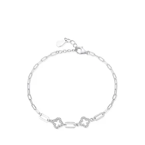 925 Sterling Silver Lucky Clover Pave Zirconia Bracelet For Women Fashion Paperclip Chain Adjustable Hollow Flower Jewelry